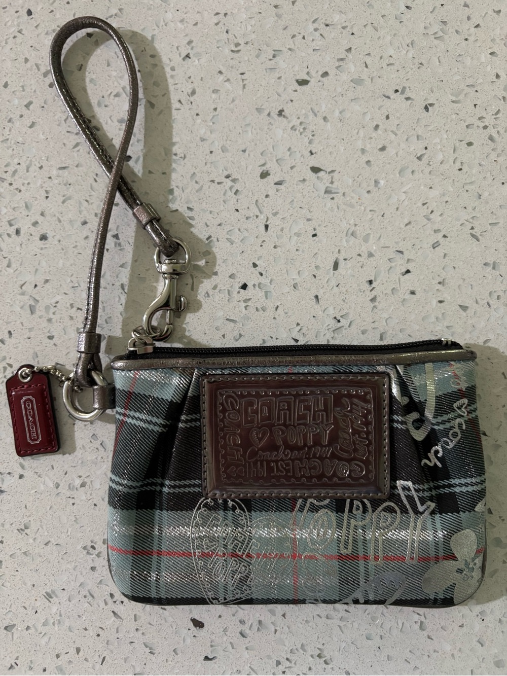 Coach Plaid Poppy Patch Wristlet in Gray and Brown New - Picture 4 of 5
